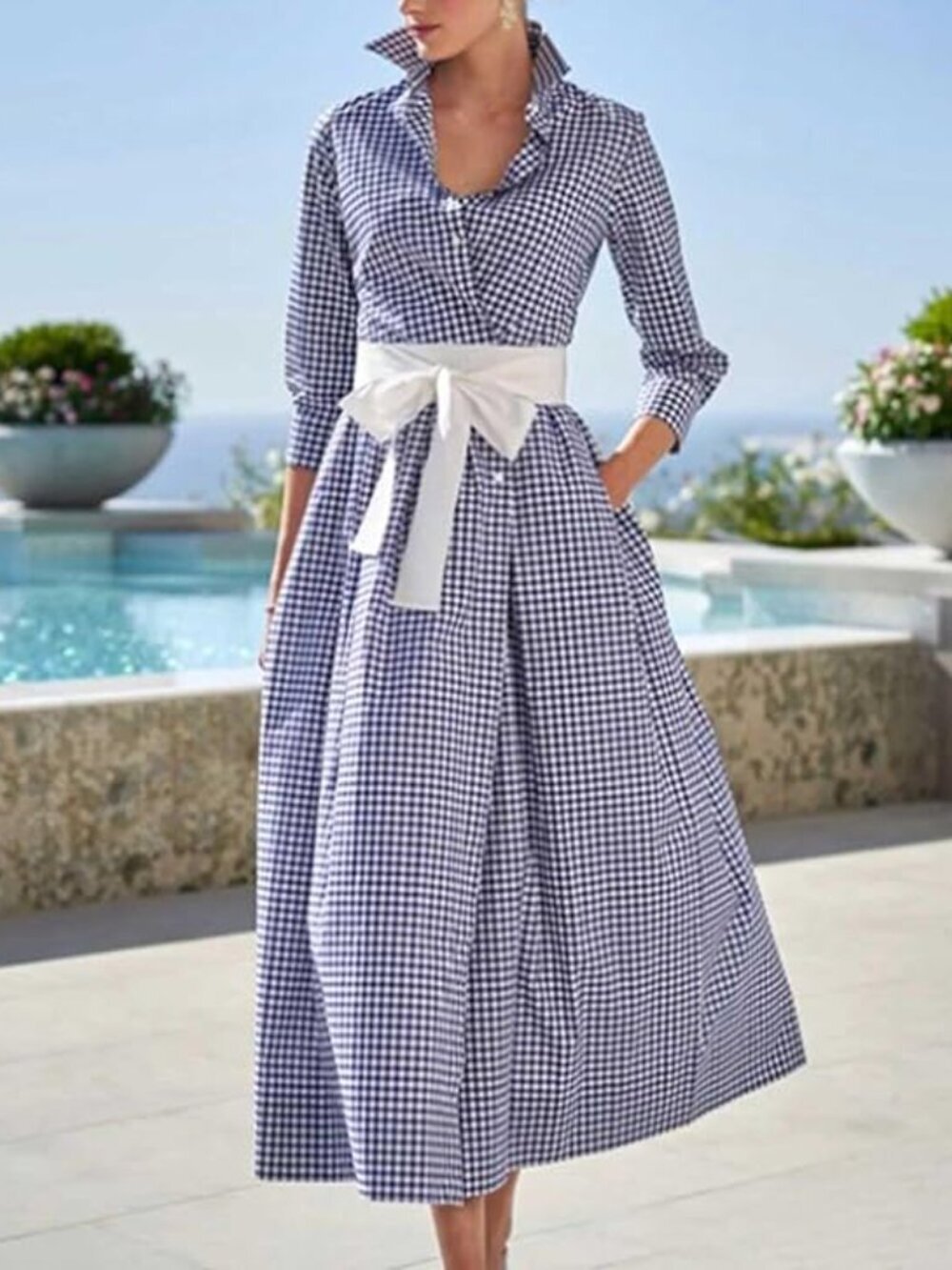 Retro Plaid Button Up Maxi Shirt Dress with Belt 3/4 Sleeve Pocketed - Navy Blue - Picture 3 of 3
